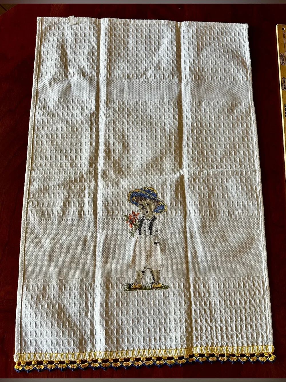 NWOT Pair of embroidered and crocheted tea towels. White cotton waffle weave.